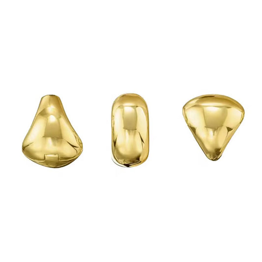 Three gold-colored, abstract metal earrings are aligned horizontally on a white background.