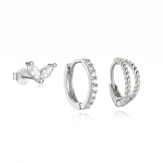 Trio Set Earrings: Silver Twisted Huggie Set