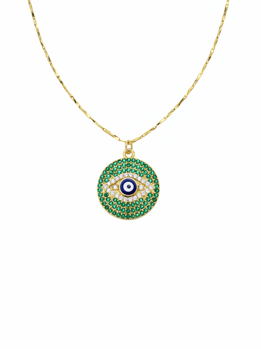 The Green Crystal Evil Eye Disc Necklace