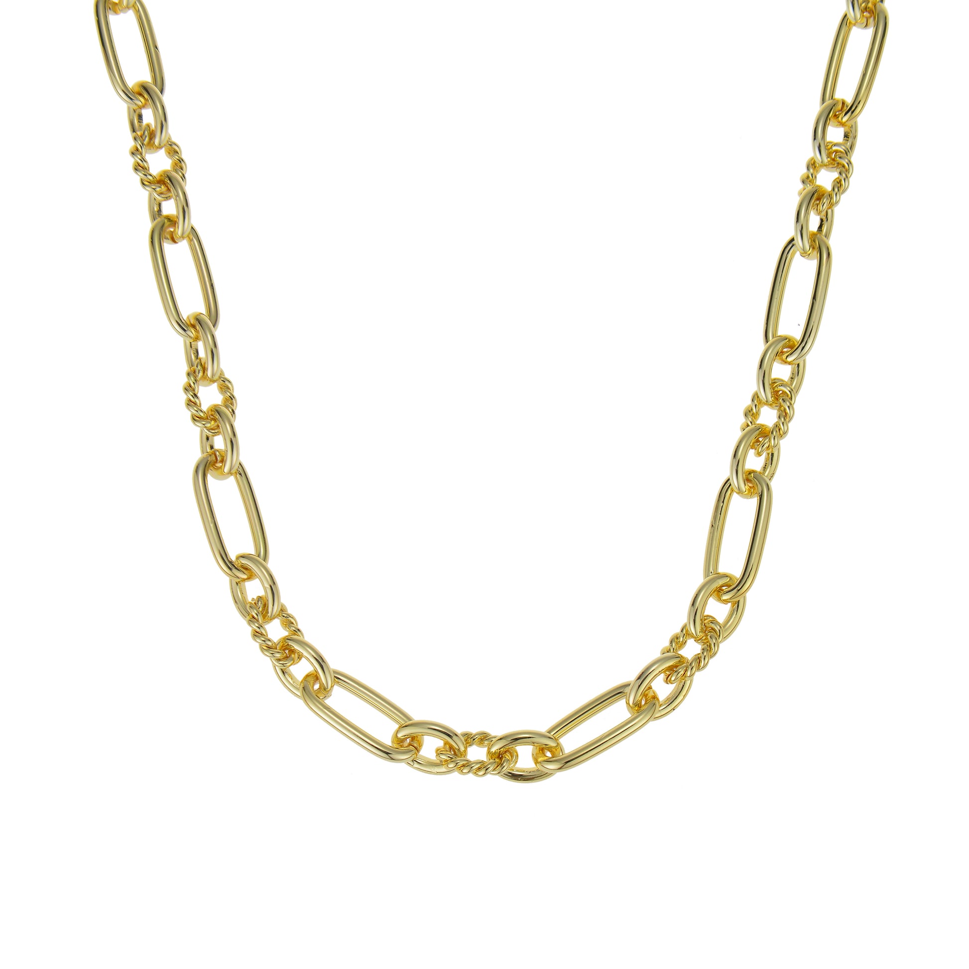 A gold chain necklaces against a white background.