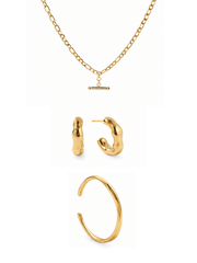 All Wrapped Up gold jewellery gift set featuring hammered hoop earrings, textured bangle and T Bar Figaro necklace