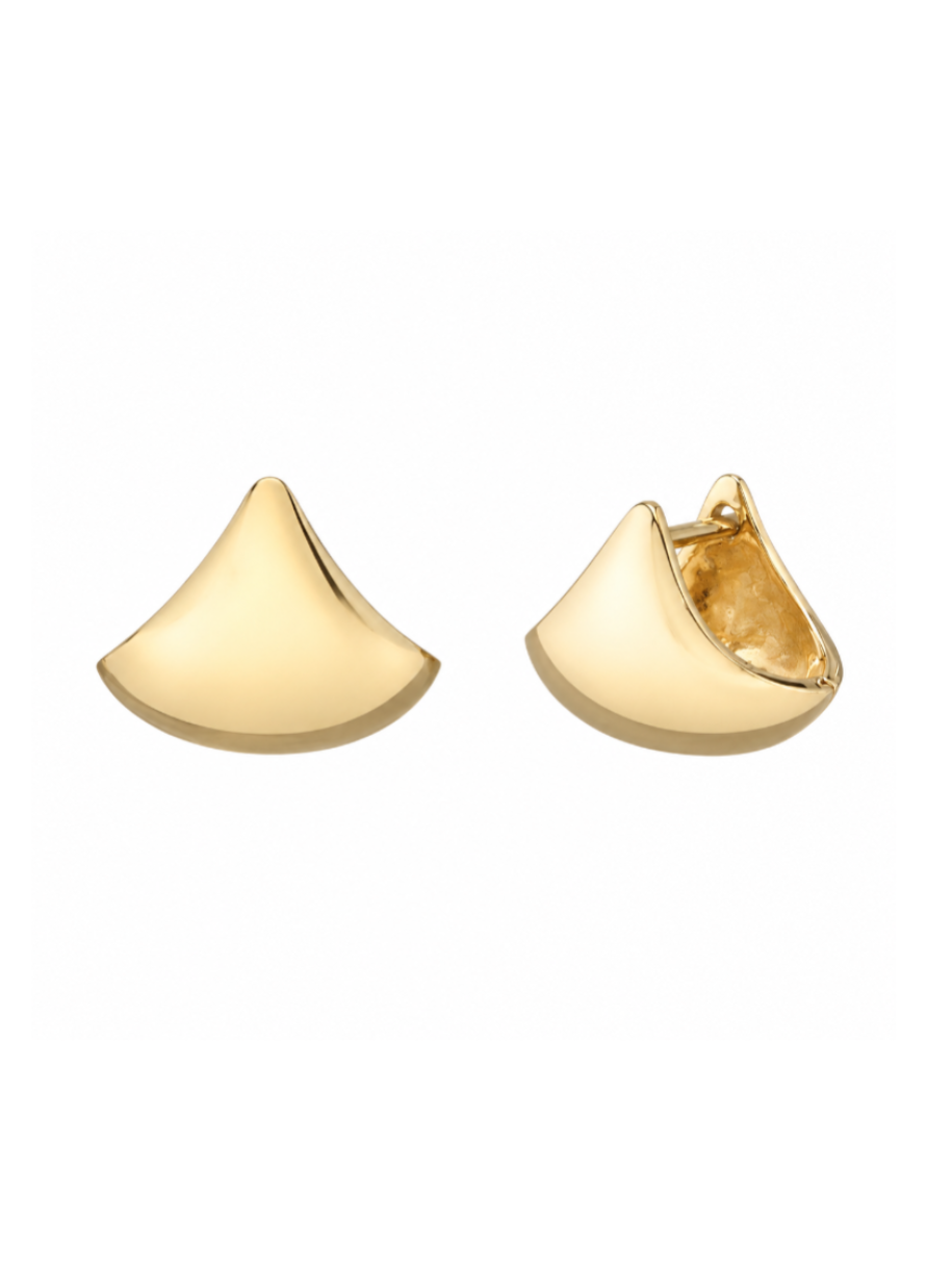 A pair of gold crescent-shaped stud earrings, one shown from the front and the other from the side to display the clasp, on a plain white background.