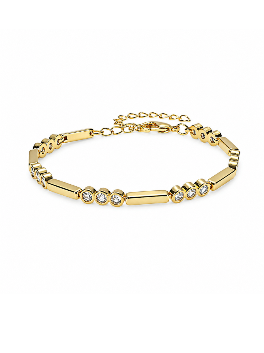 A gold-plated link bracelet featuring alternating polished cylindrical bars and oval bezel-set clear crystals, displayed on a clean white background.