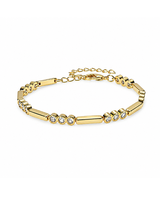 A gold-plated link bracelet featuring alternating polished cylindrical bars and oval bezel-set clear crystals, displayed on a clean white background.