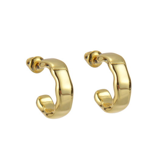 Gold hoop earrings with post backs on a white background.