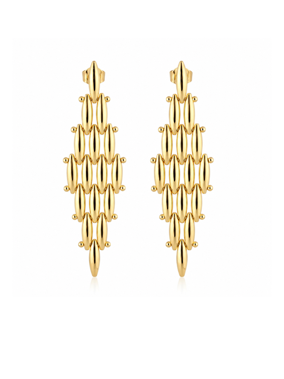 Cascade Gold Multi-Drop Earrings featuring layered gold links and statement design