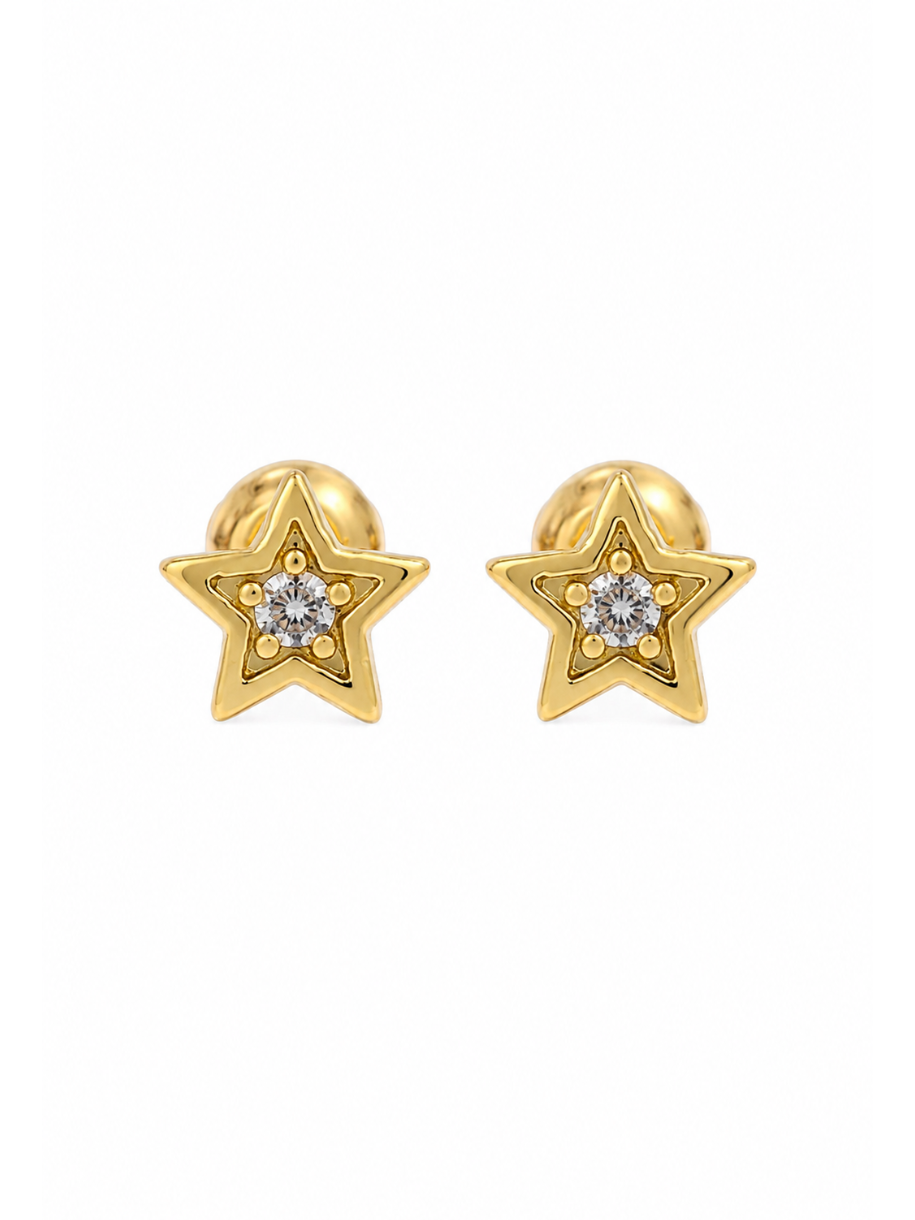 gold star stud earrings with crystal centre
gifts for her
close up crystal star stud earring gold
celestial star earrings gold pair
dainty gold star studs for everyday wear