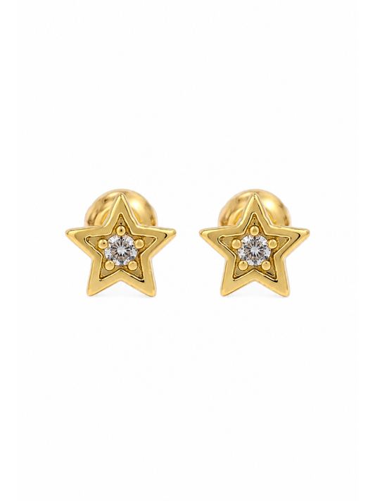 gold star stud earrings with crystal centre
gifts for her
close up crystal star stud earring gold
celestial star earrings gold pair
dainty gold star studs for everyday wear