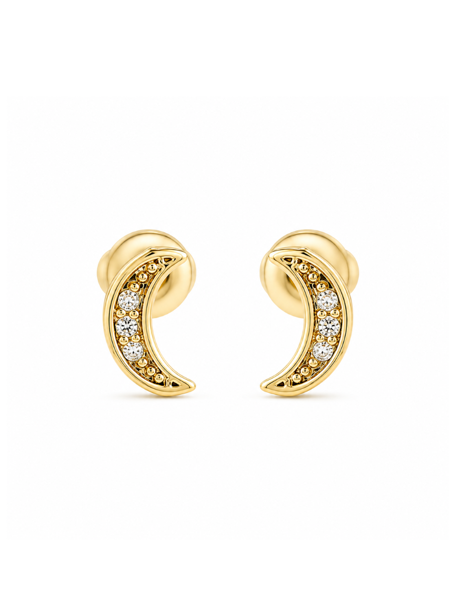 earrings, stud earrings, moon earrings, gold earrings, gold plated, cubic zirconia, celestial, pave, everyday jewellery, new arrivals, gift for her