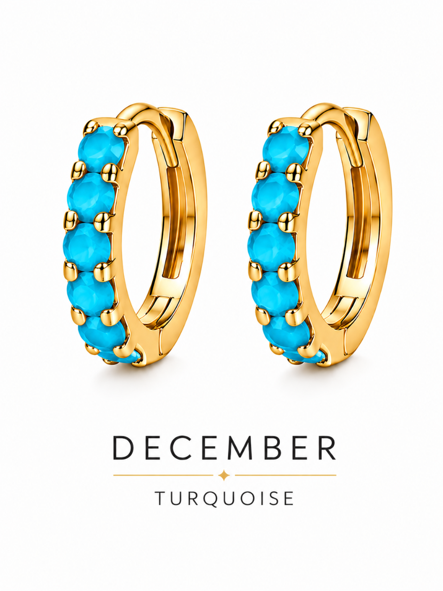 December birthstone gold huggie earrings featuring bright blue turquoise gemstones, birthstone jewellery