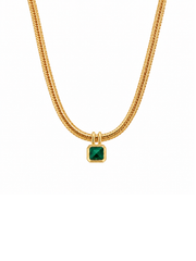 A gold chain necklace featuring a small square green gemstone pendant with a gold bezel setting, shown against a plain white background.