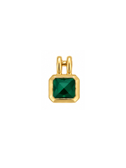 A gold pendant featuring a square-cut green gemstone in a gold bezel setting, shown against a plain white background.