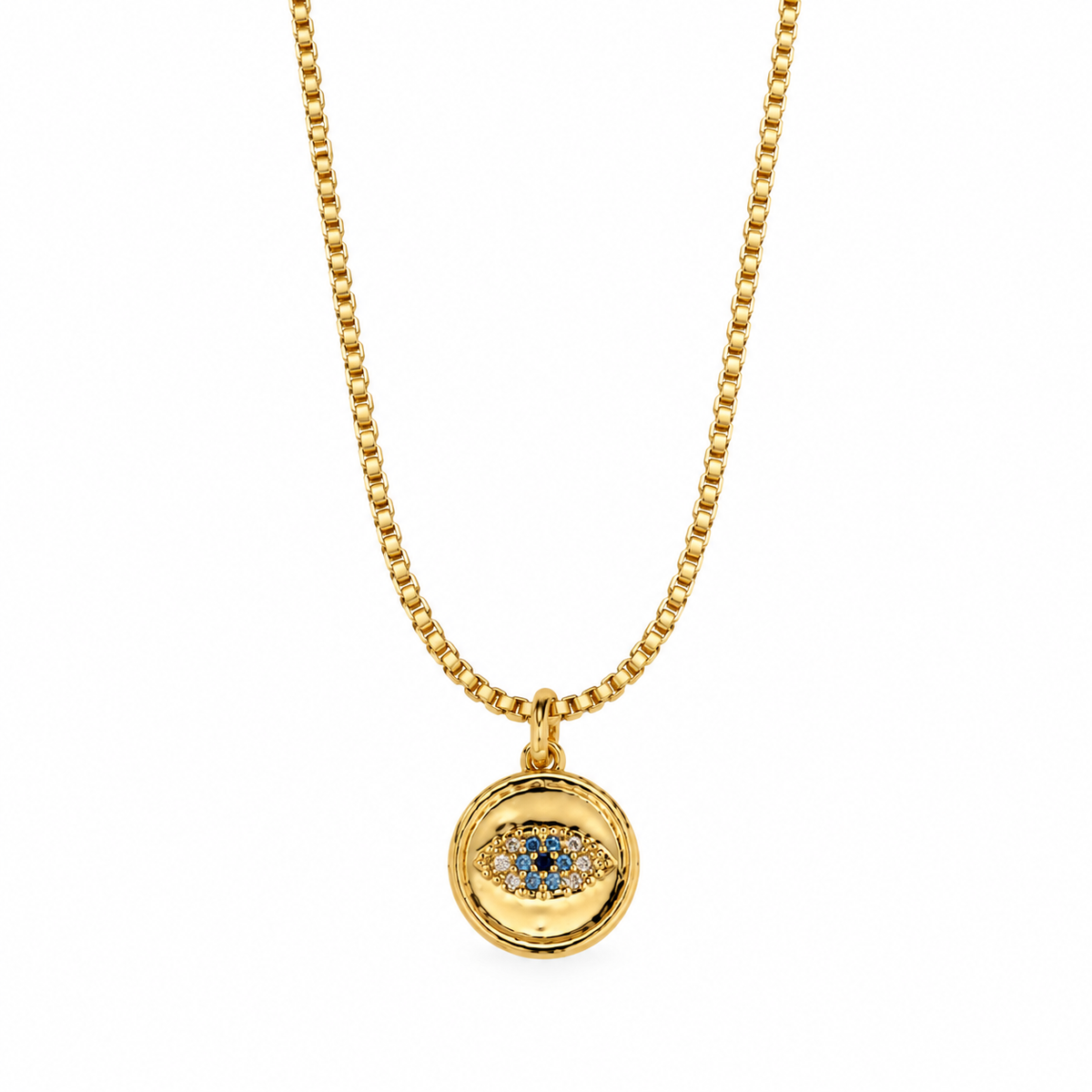 Evil Eye Coin Necklace in gold with blue and crystal Evil Eye pendant