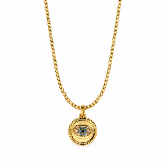 Evil Eye Coin Necklace in gold with blue and crystal Evil Eye pendant
