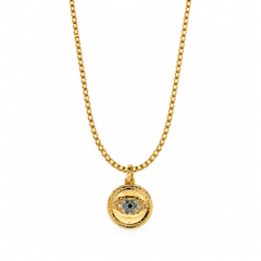 Evil Eye Coin Necklace in gold with blue and crystal Evil Eye pendant