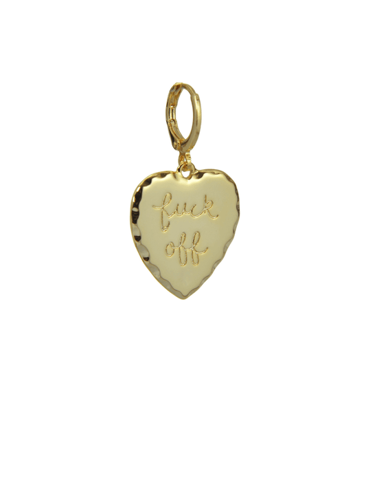 A gold charm heart-shaped earring with the words "fuck off" written in cursive.