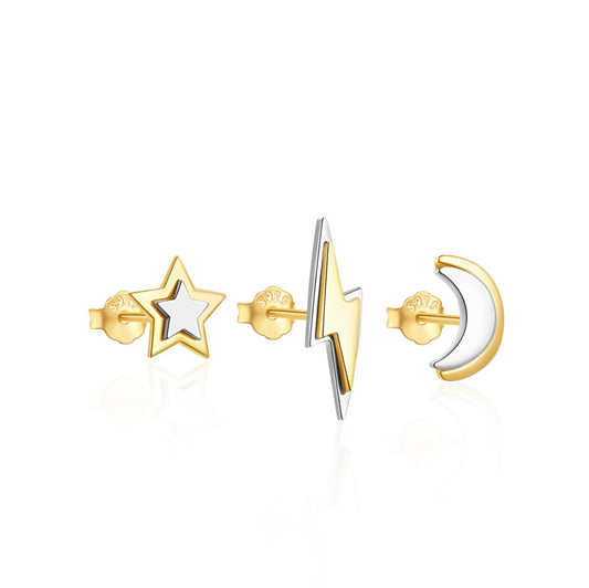 Three gold and silver stud earrings in the shapes of a star, lightning bolt, and crescent moon.