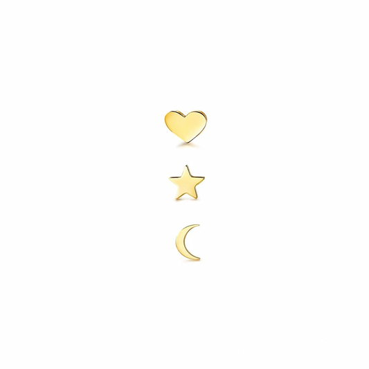 Gold heart, star, and crescent moon earrings on a white background.