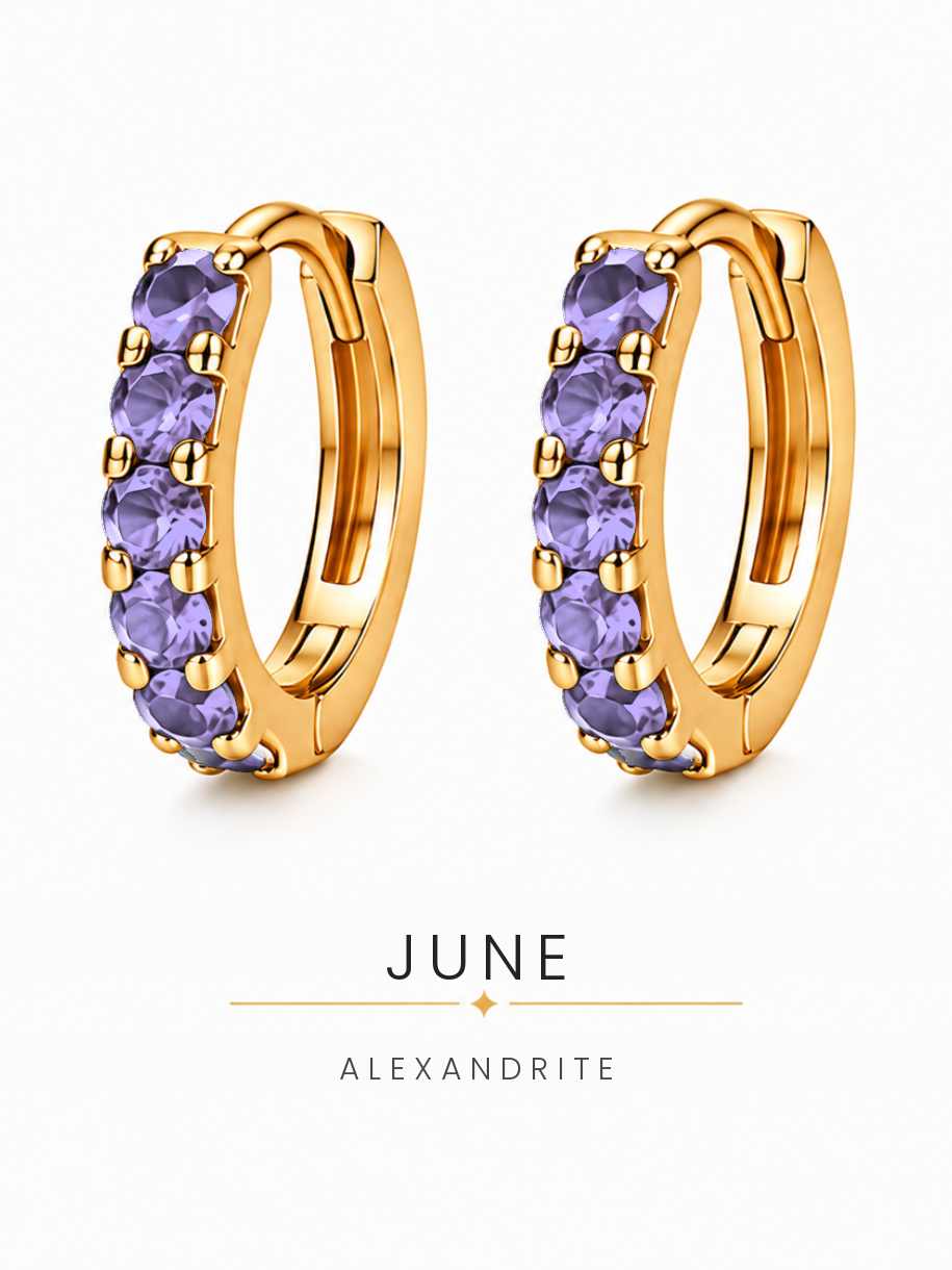 June birthstone gold huggie earrings featuring purple alexandrite gemstones, birthstone jewellery