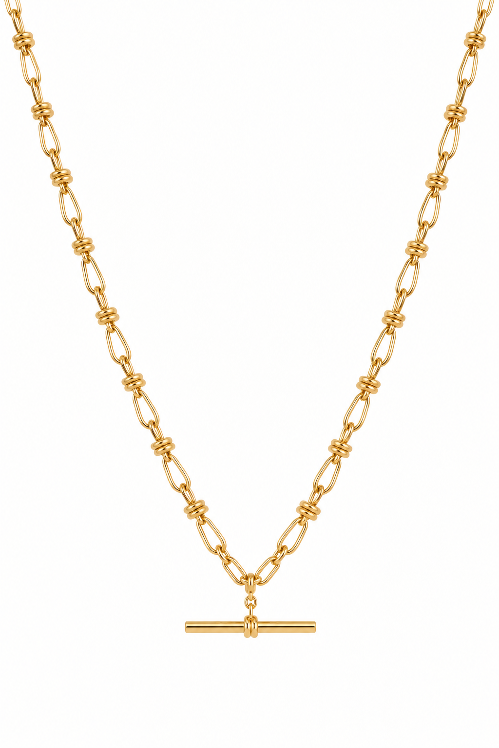 A gold chain necklace featuring a unique link design with knotted details and a horizontal bar pendant at the center, shown against a plain white background.