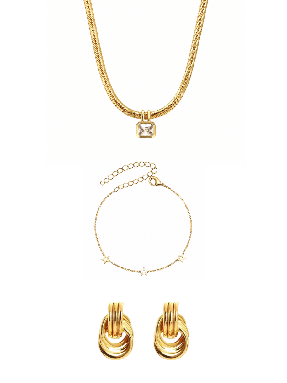 Last Orders gold jewellery gift set featuring a Bezel Square Necklace, Double Knot Earrings and Open Star Bracelet