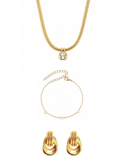 Last Orders gold jewellery gift set featuring a Bezel Square Necklace, Double Knot Earrings and Open Star Bracelet