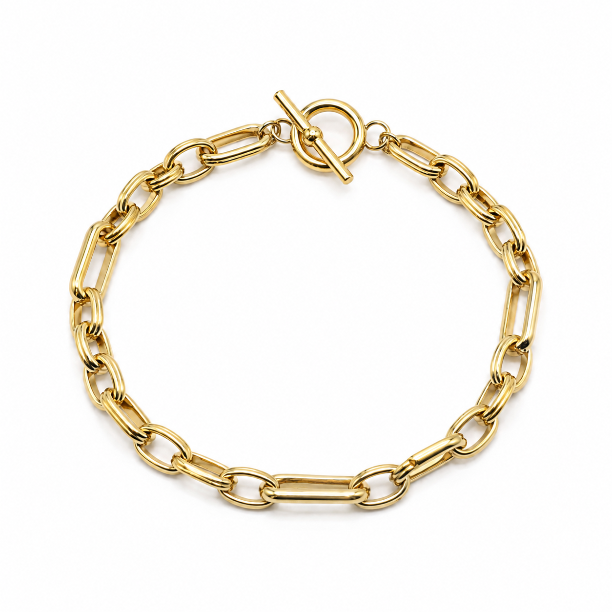 Gold-plated link chain bracelet with T-bar fastening