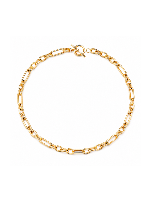 A gold paperclip chain necklace with a toggle clasp, displayed on a clean white background.