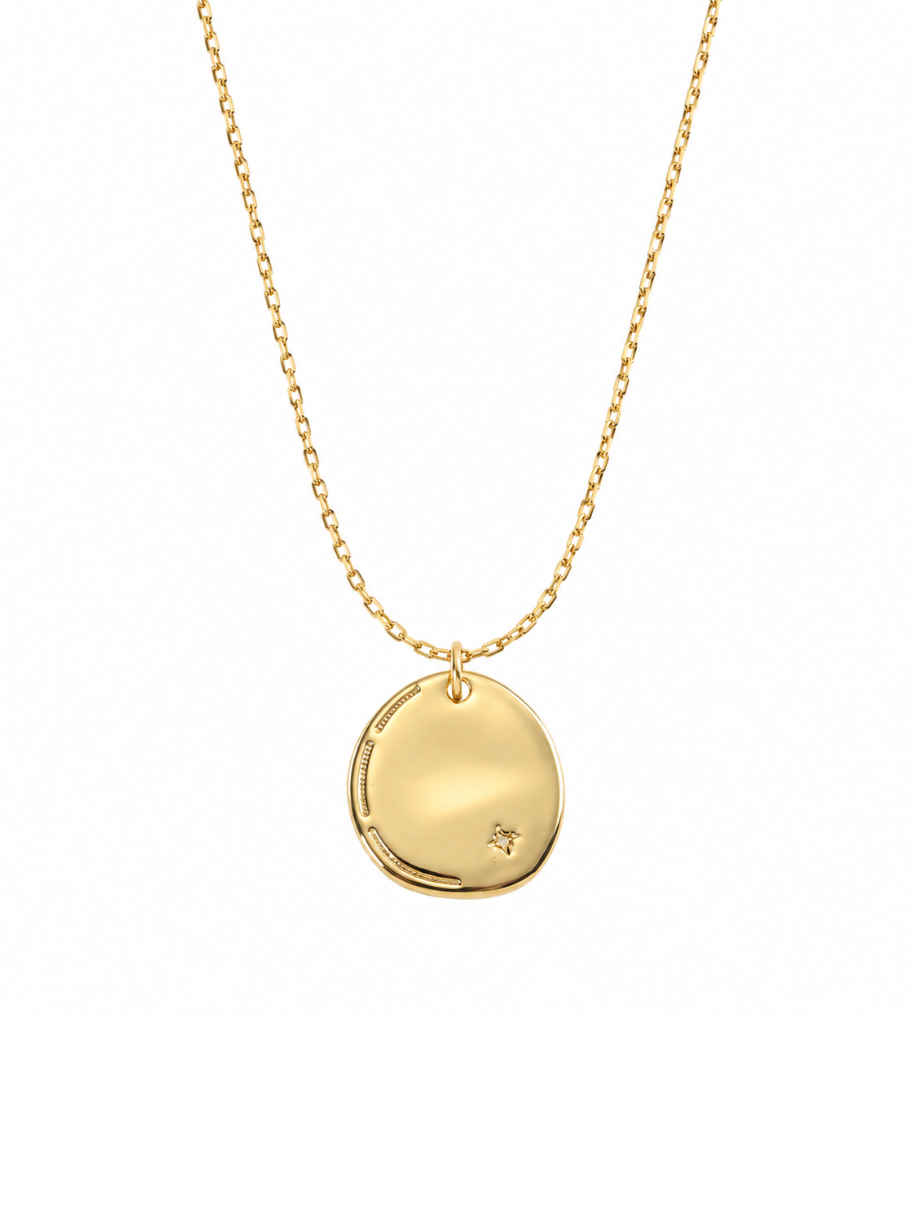 A gold disc pendant necklace on a delicate gold chain, presented against a solid white background.