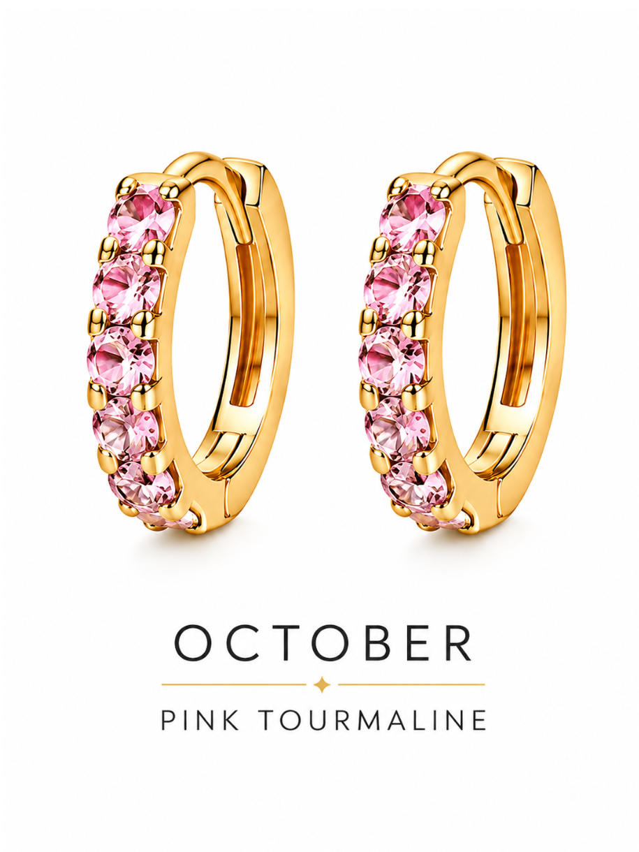 October birthstone gold huggie earrings featuring soft pink tourmaline gemstones, birthstone jewellery