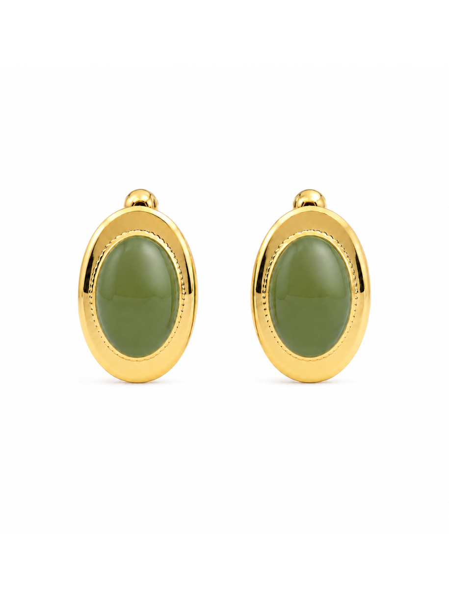 earrings, stud earrings, olive grove stud, statement studs, gold earrings, gold plated, green stone, cabochon, oval earrings, everyday jewellery, new arrivals, gift for her