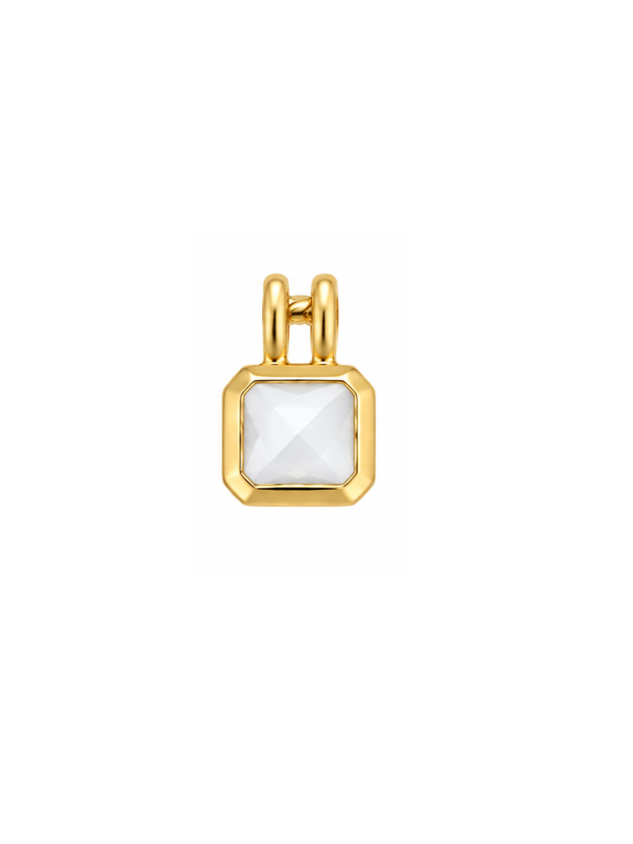 A gold pendant featuring a square-shaped milky white stone with a faceted bezel setting and a top loop, shown on a plain white background.