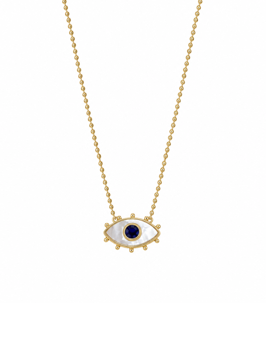 Plated Pearl Evil Eye Necklace in gold with pearl-effect pendant and blue centre stone