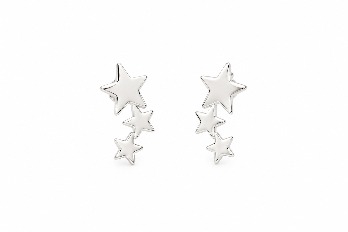 A pair of silver star-shaped stud earrings with three stars of varying sizes on each earring, displayed against a clean white background.