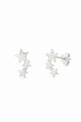 A pair of silver star-shaped stud earrings with three stars of varying sizes on each earring, displayed against a clean white background.