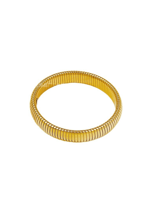 A gold-toned, ribbed bracelets.