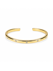 A polished gold cuff bracelet with small, evenly spaced clear crystal accents, displayed on a clean white background.