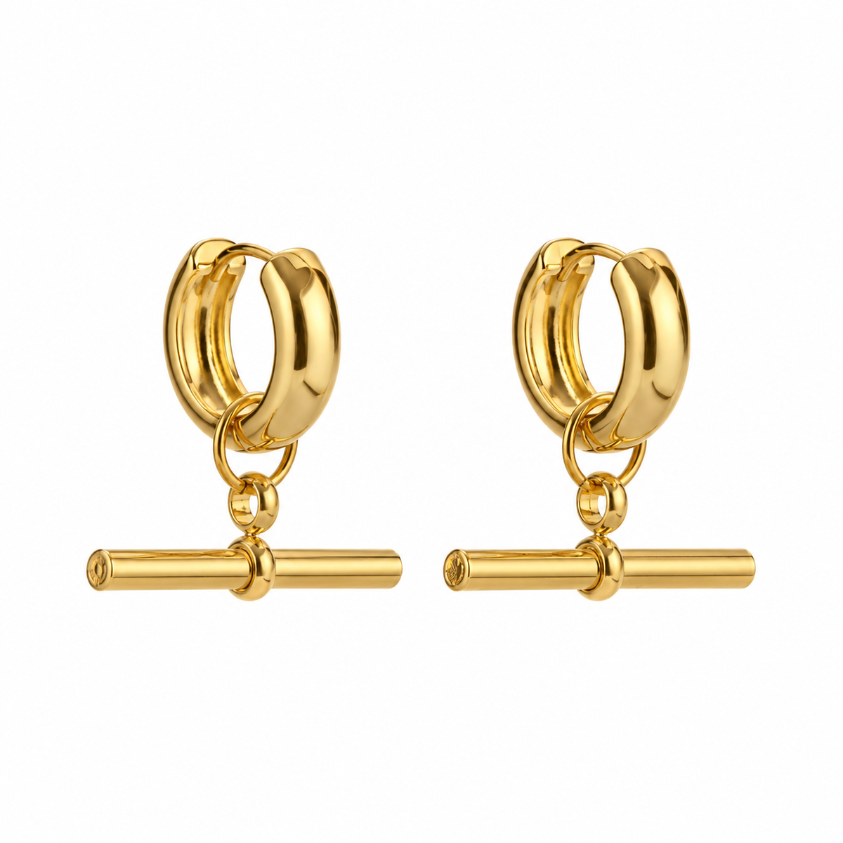 T Bar Drop Hoops in gold featuring polished huggie hoops and hanging T-bar details