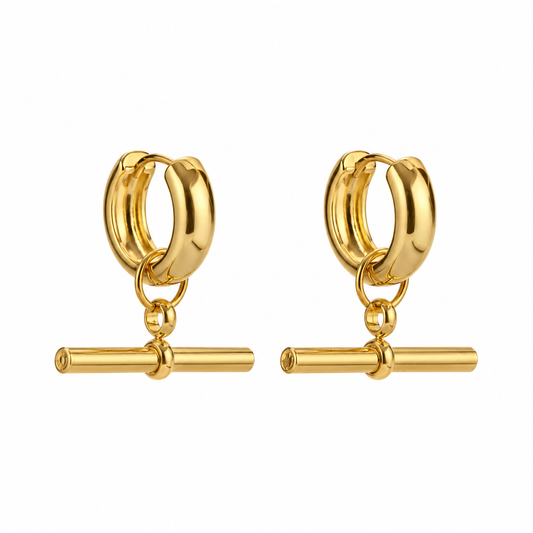 T Bar Drop Hoops in gold featuring polished huggie hoops and hanging T-bar details