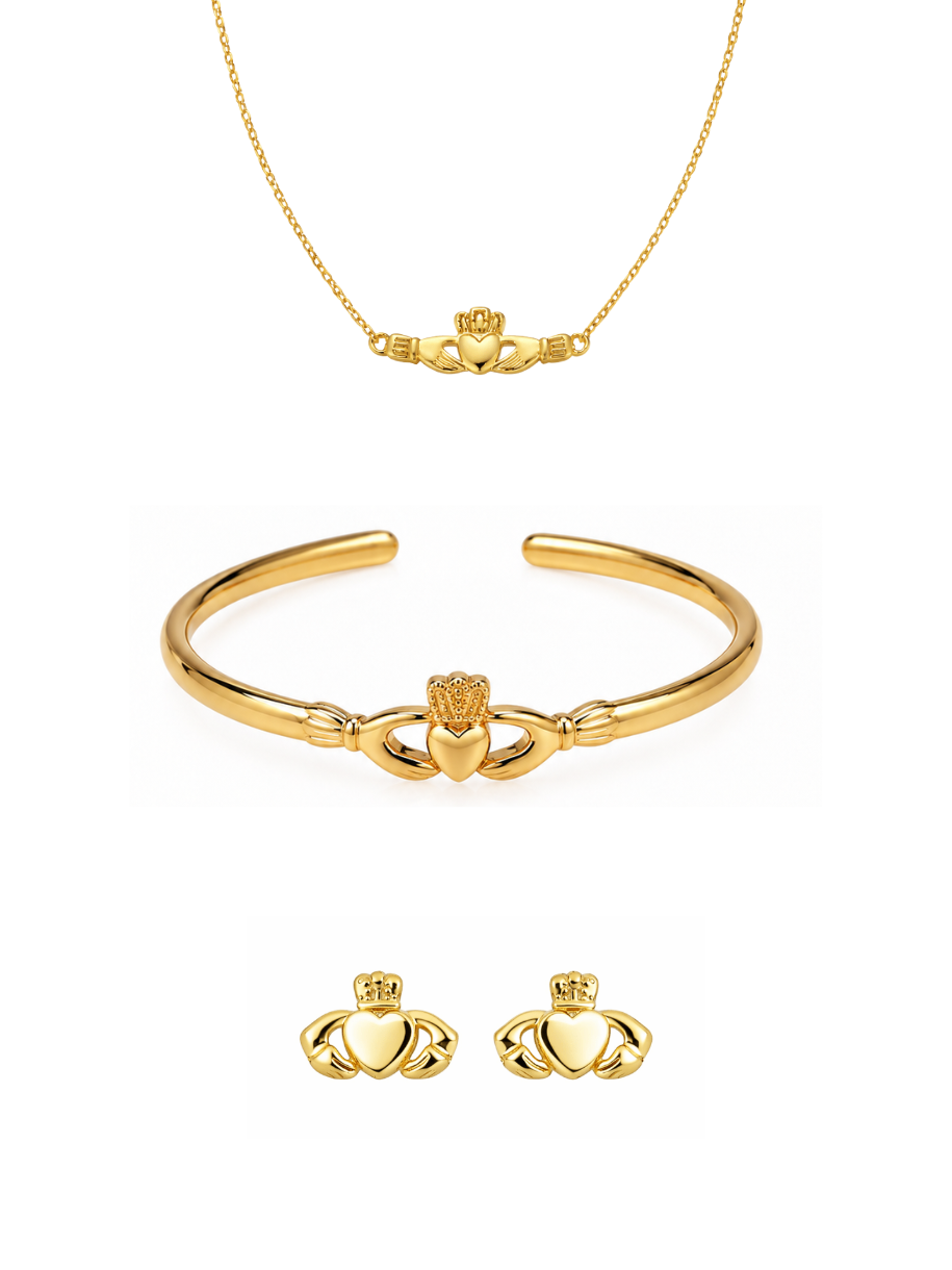 Gold-tone jewelry set featuring a Claddagh necklace, an open cuff bracelet, and matching stud earrings on a plain white background.