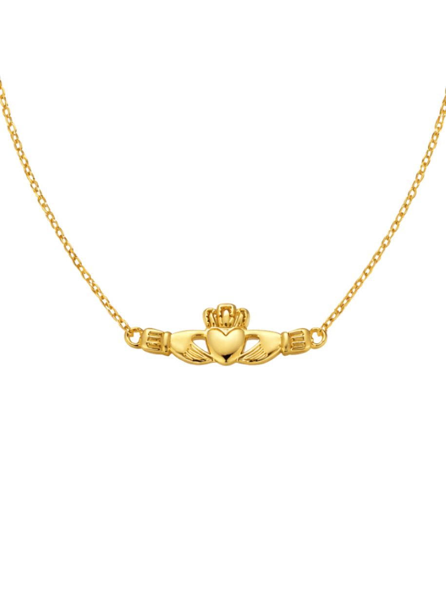 A gold Claddagh pendant necklace on a delicate gold chain, shown against a plain white background.