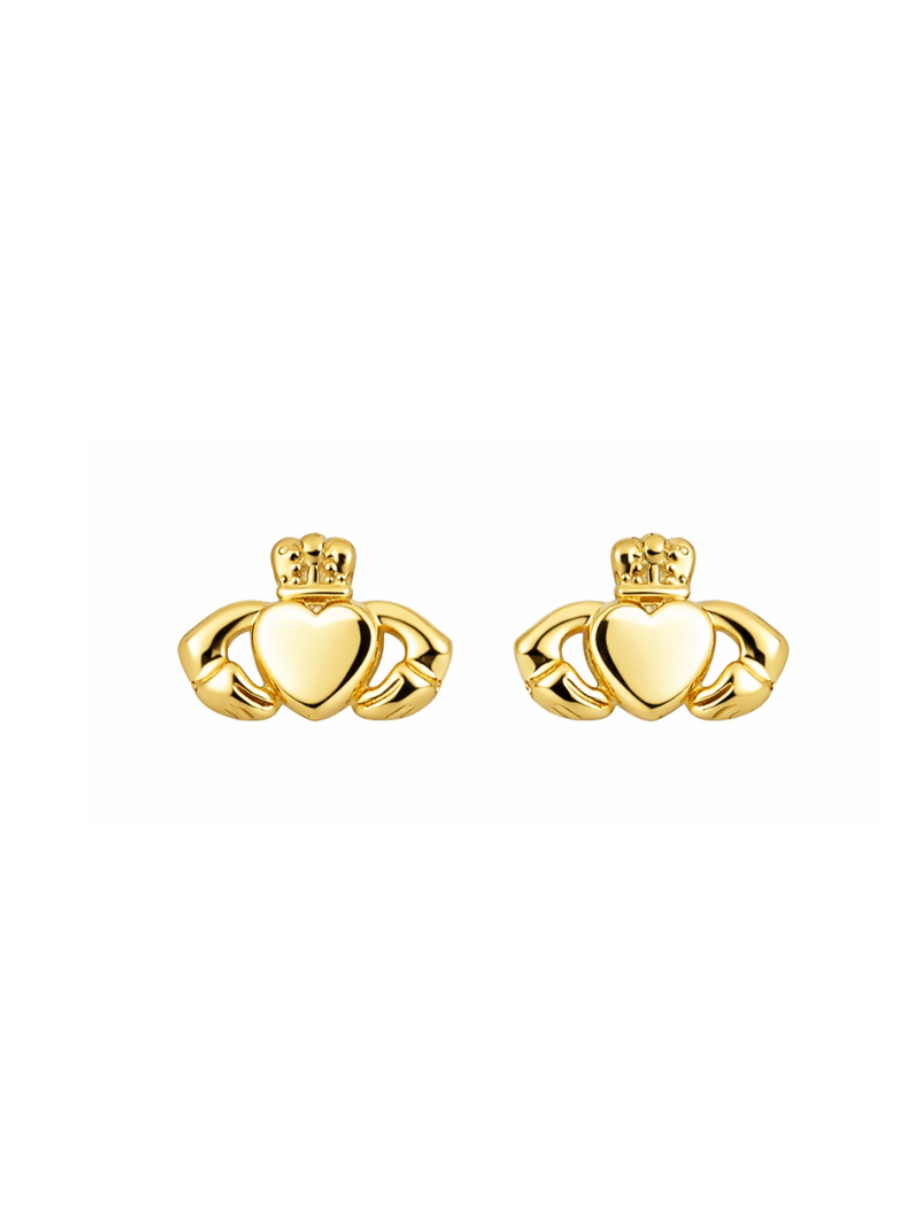 A pair of gold Claddagh stud earrings on a solid white background.
