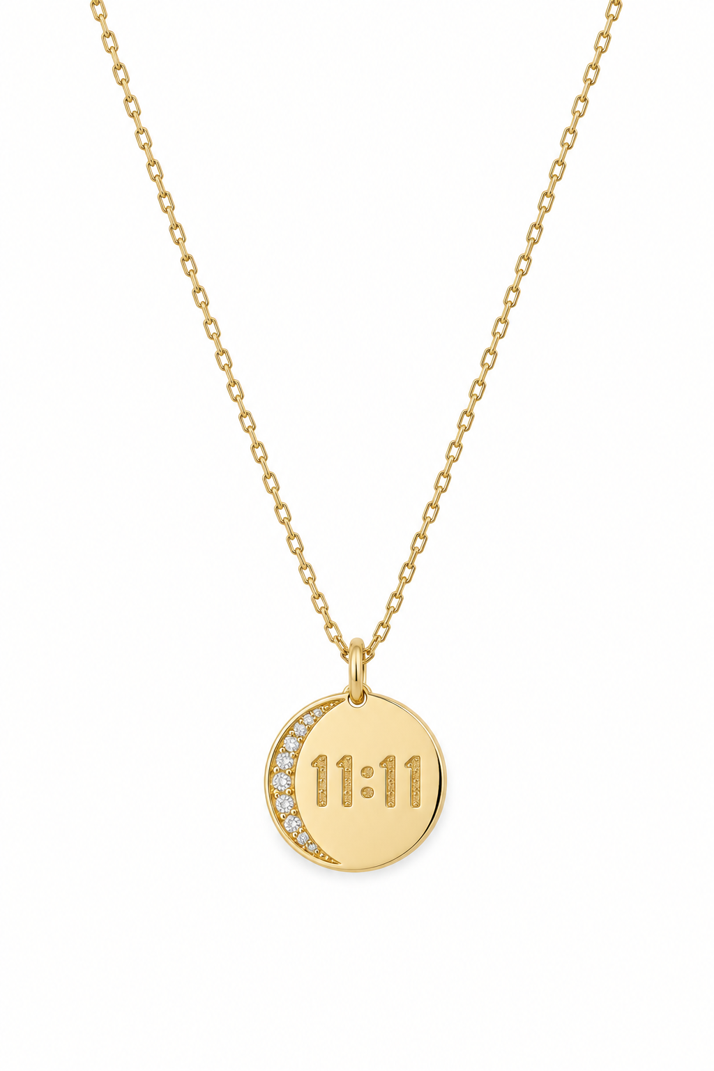 A gold chain necklace with a round pendant featuring a crescent moon and the time '11:11' in a square clock face design, set against a plain white background.