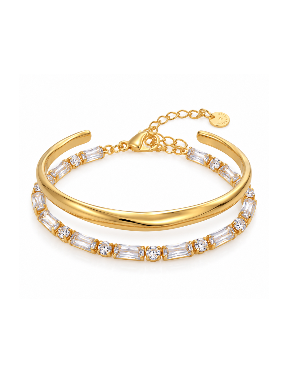 Gold cuff and crystal bracelet styled together in The Elevated Everyday Set Bracelet Set, shown on a white background.