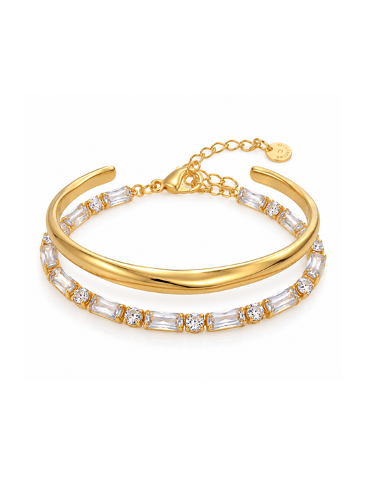 Gold cuff and crystal bracelet styled together in The Elevated Everyday Set Bracelet Set, shown on a white background.