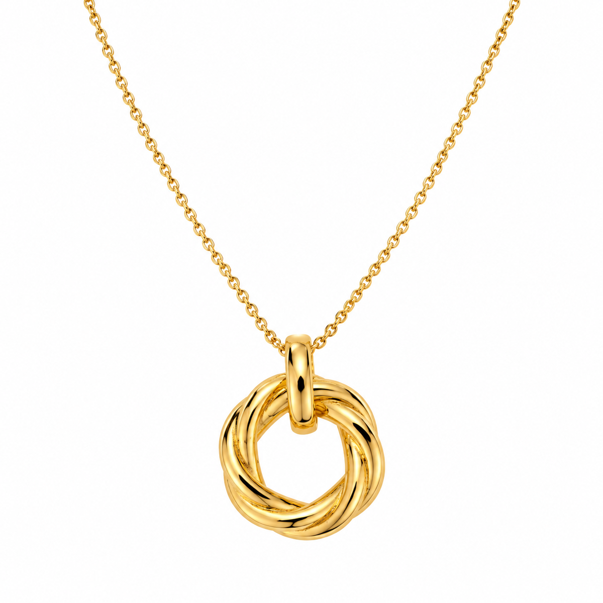 A gold necklace featuring a twisted knot pendant on a delicate gold chain, set against a solid white background.