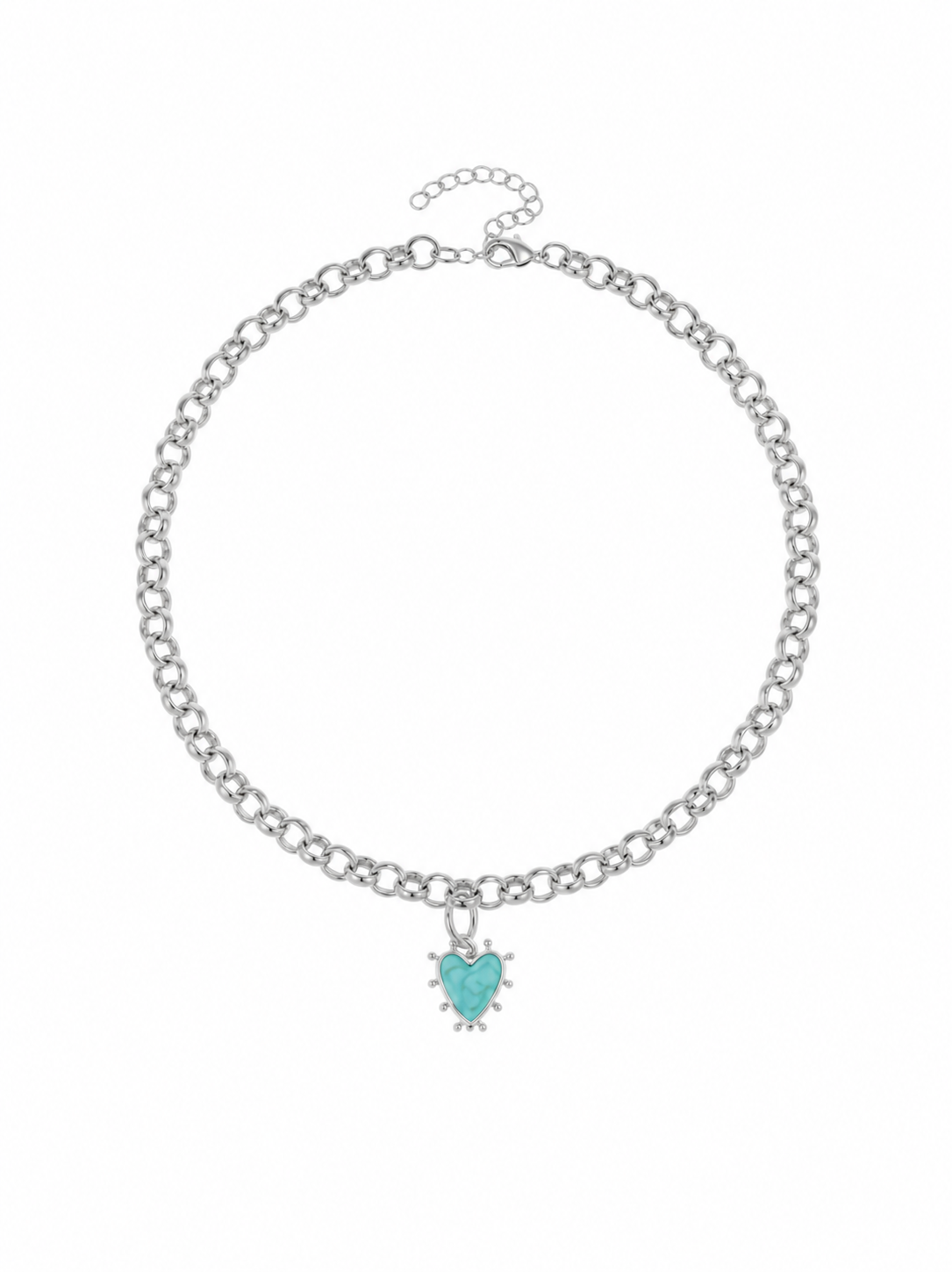 A silver-tone chain necklace with a small heart-shaped turquoise pendant, displayed on a clean white background.