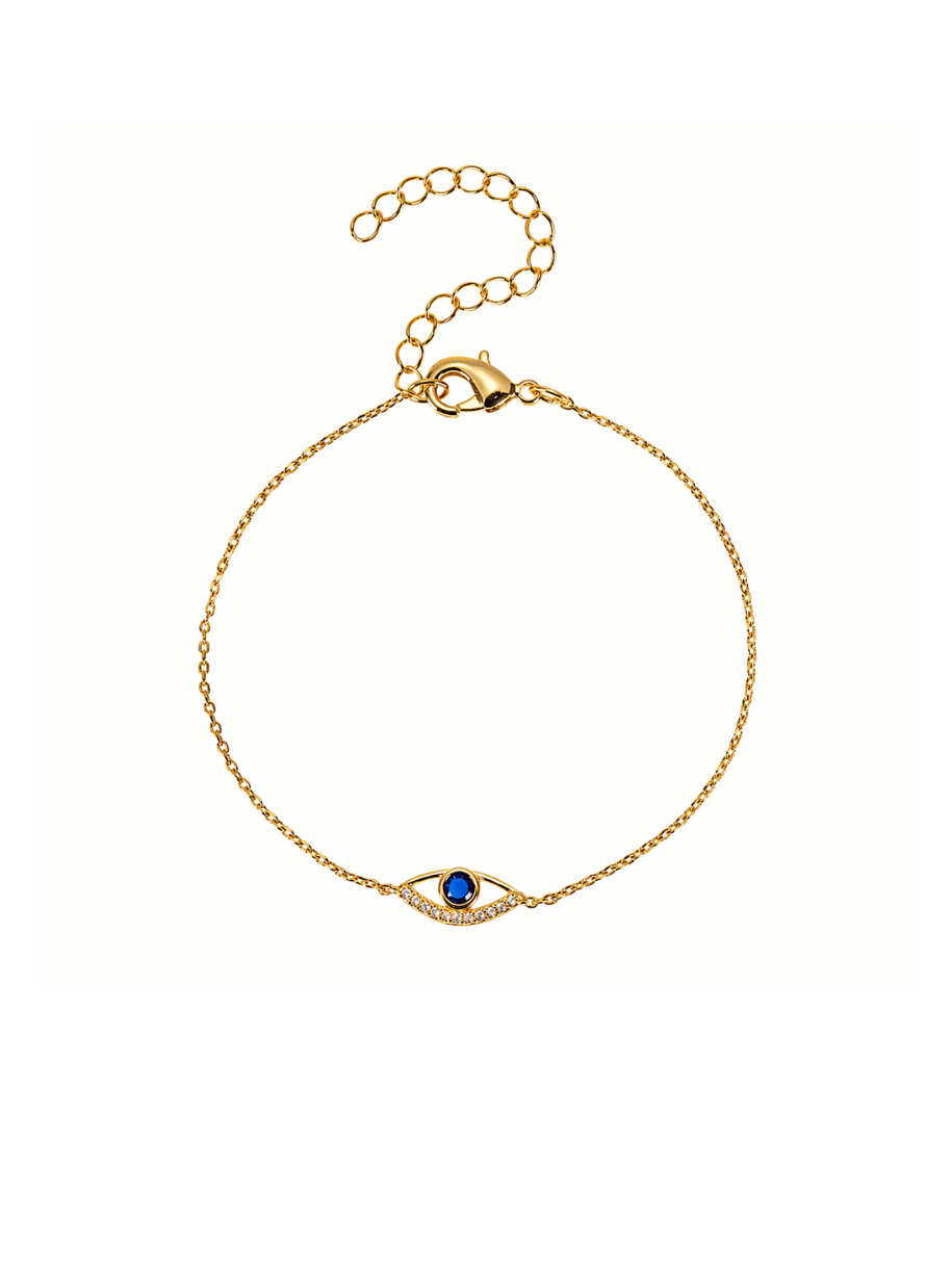Gold bracelet with a blue gemstone on a white background