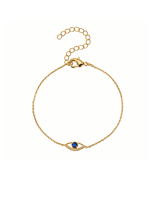 Gold bracelet with a blue gemstone on a white background