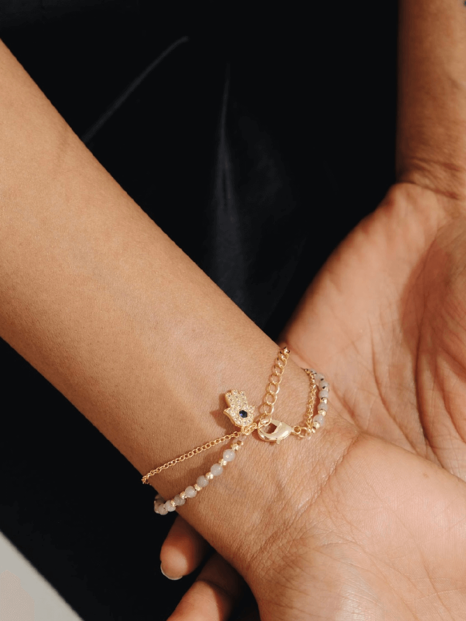 gold beaded hand bracelet